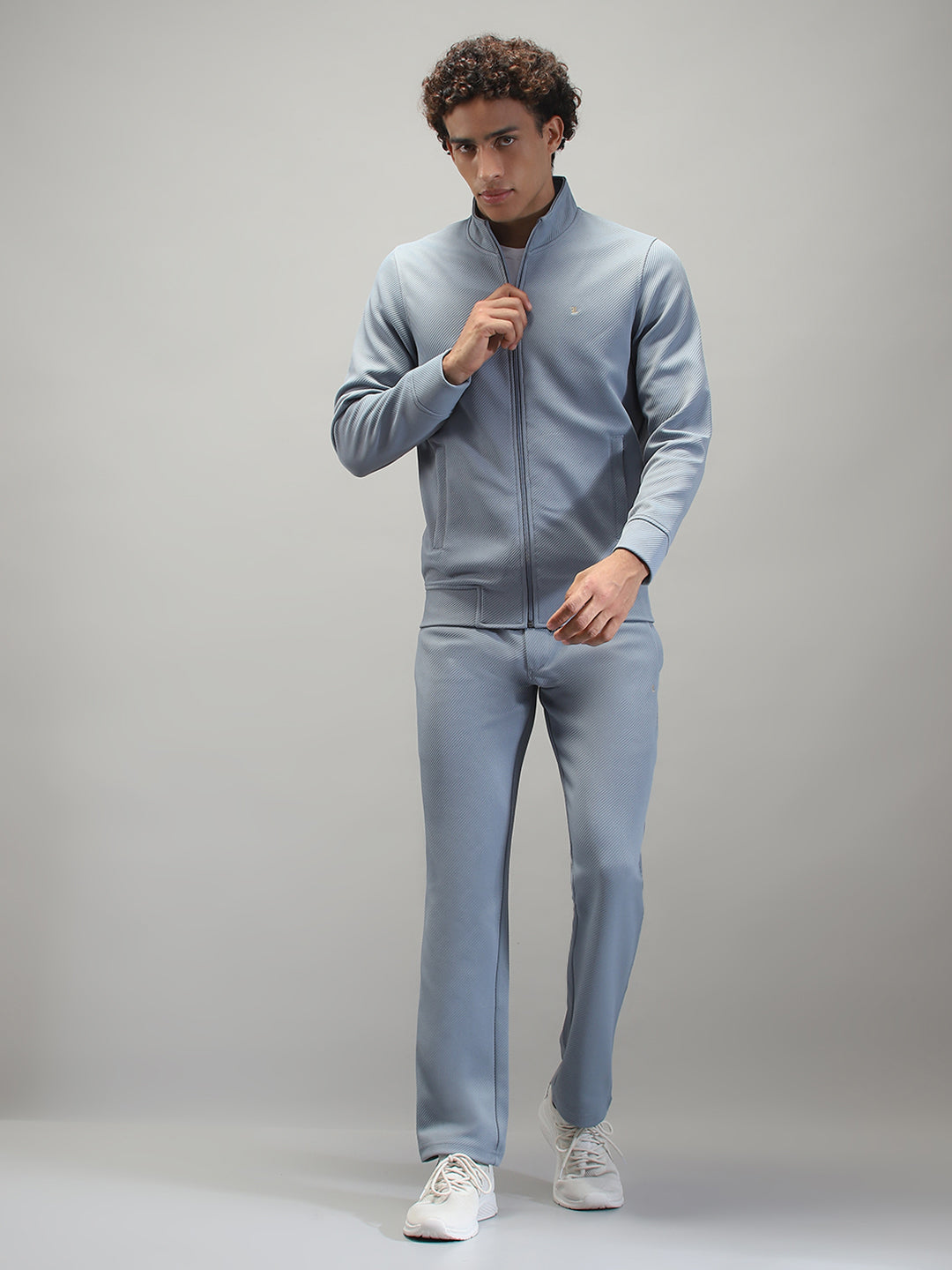 Men Blue Solid Mock Neck Full Sleeve Winter Tracksuit