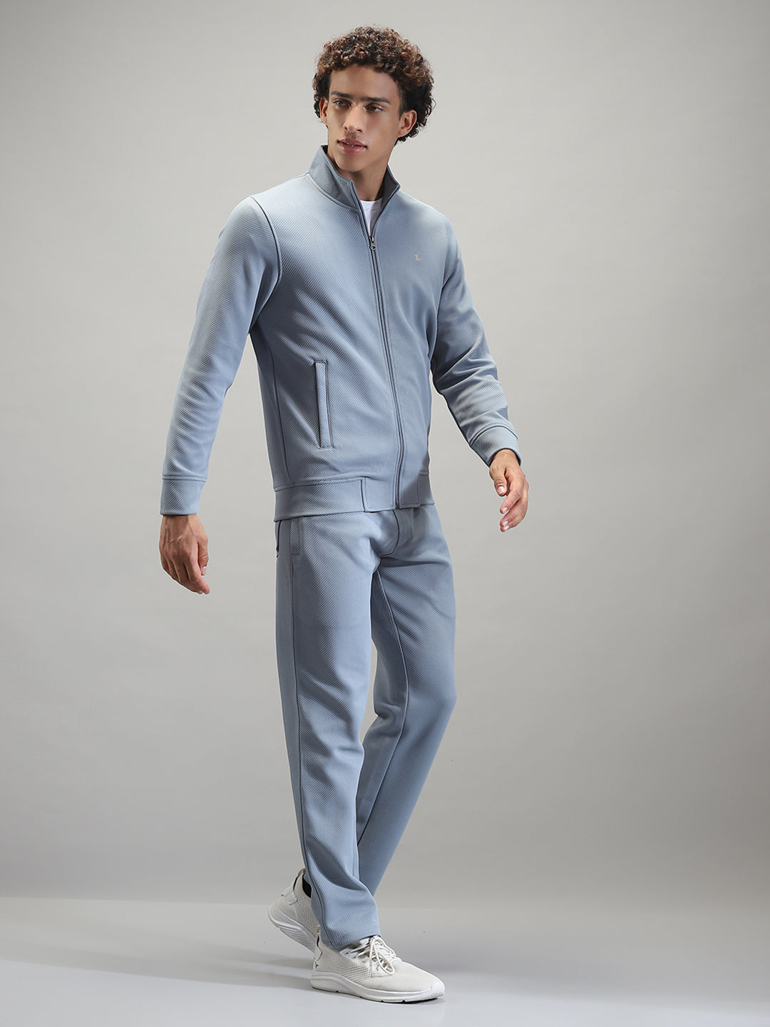 Men Blue Solid Mock Neck Full Sleeve Winter Tracksuit