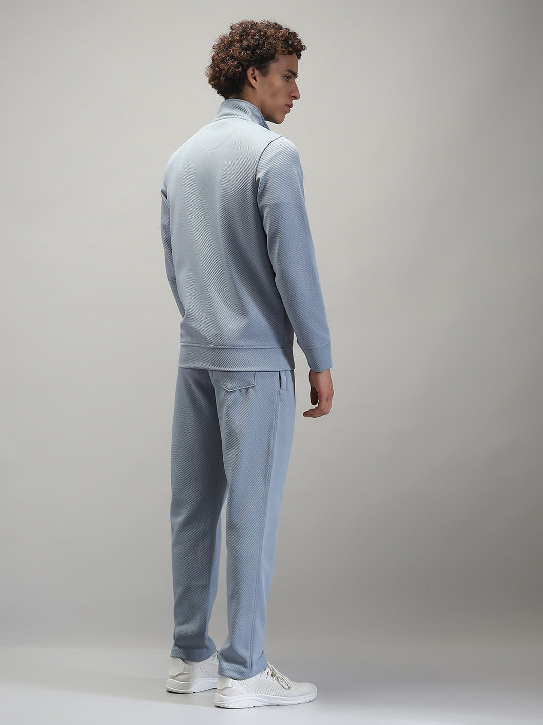Men Blue Solid Mock Neck Full Sleeve Winter Tracksuit