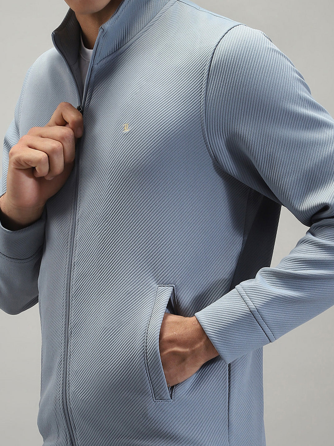 Men Blue Solid Mock Neck Full Sleeve Winter Tracksuit