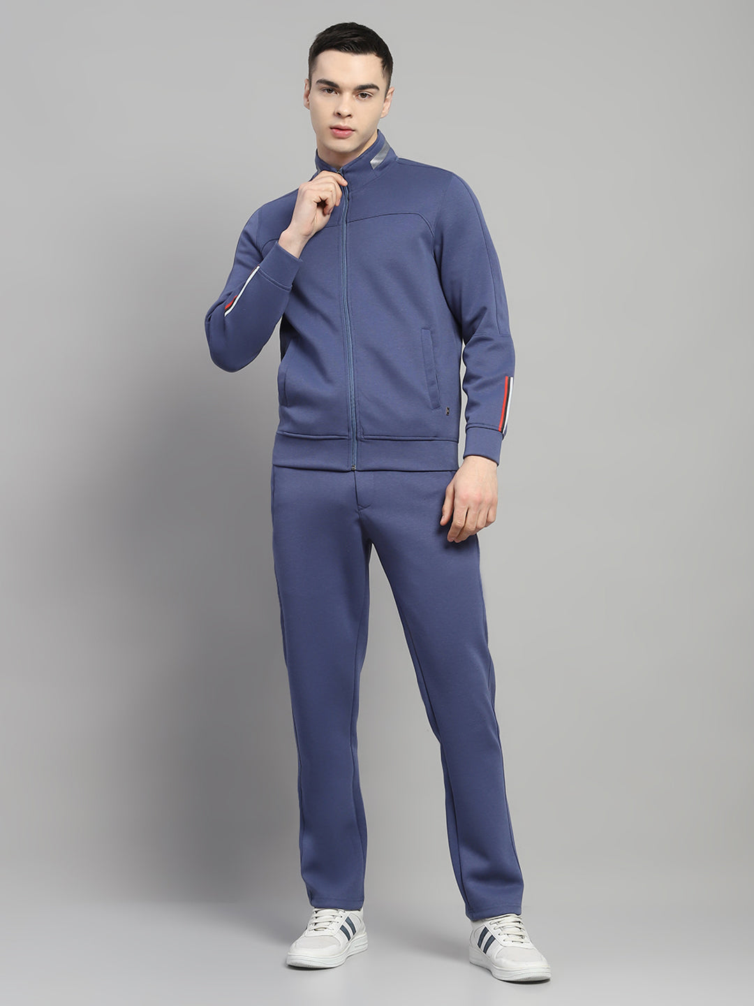 Men Blue Solid Mock Neck Full Sleeve Winter Tracksuit