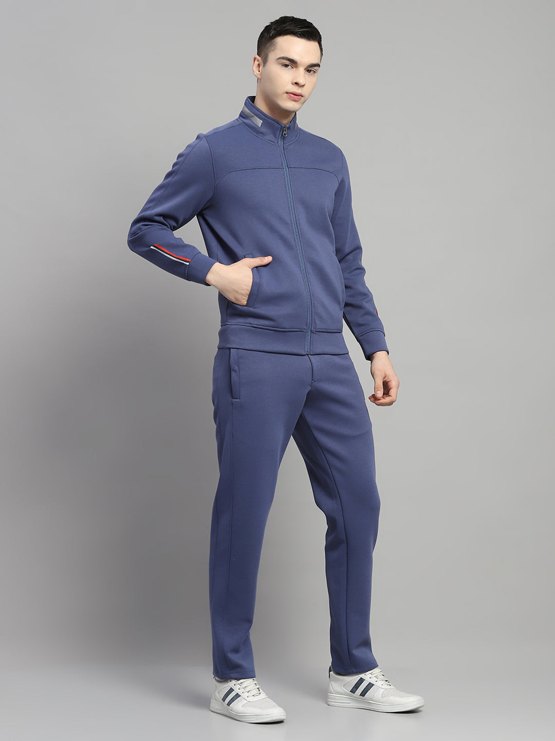 Men Blue Solid Mock Neck Full Sleeve Winter Tracksuit