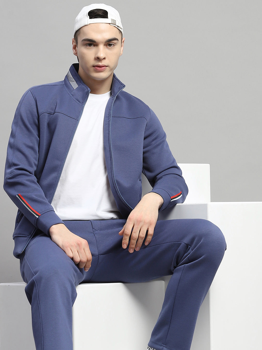 Men Blue Solid Mock Neck Full Sleeve Winter Tracksuit