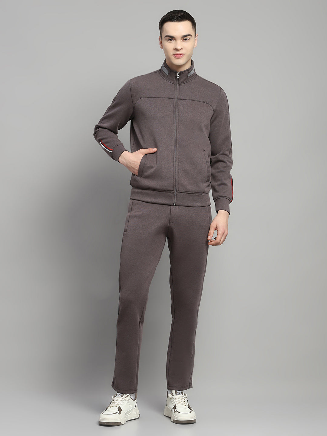 Men Charcoal Solid Mock Neck Full Sleeve Winter Tracksuit