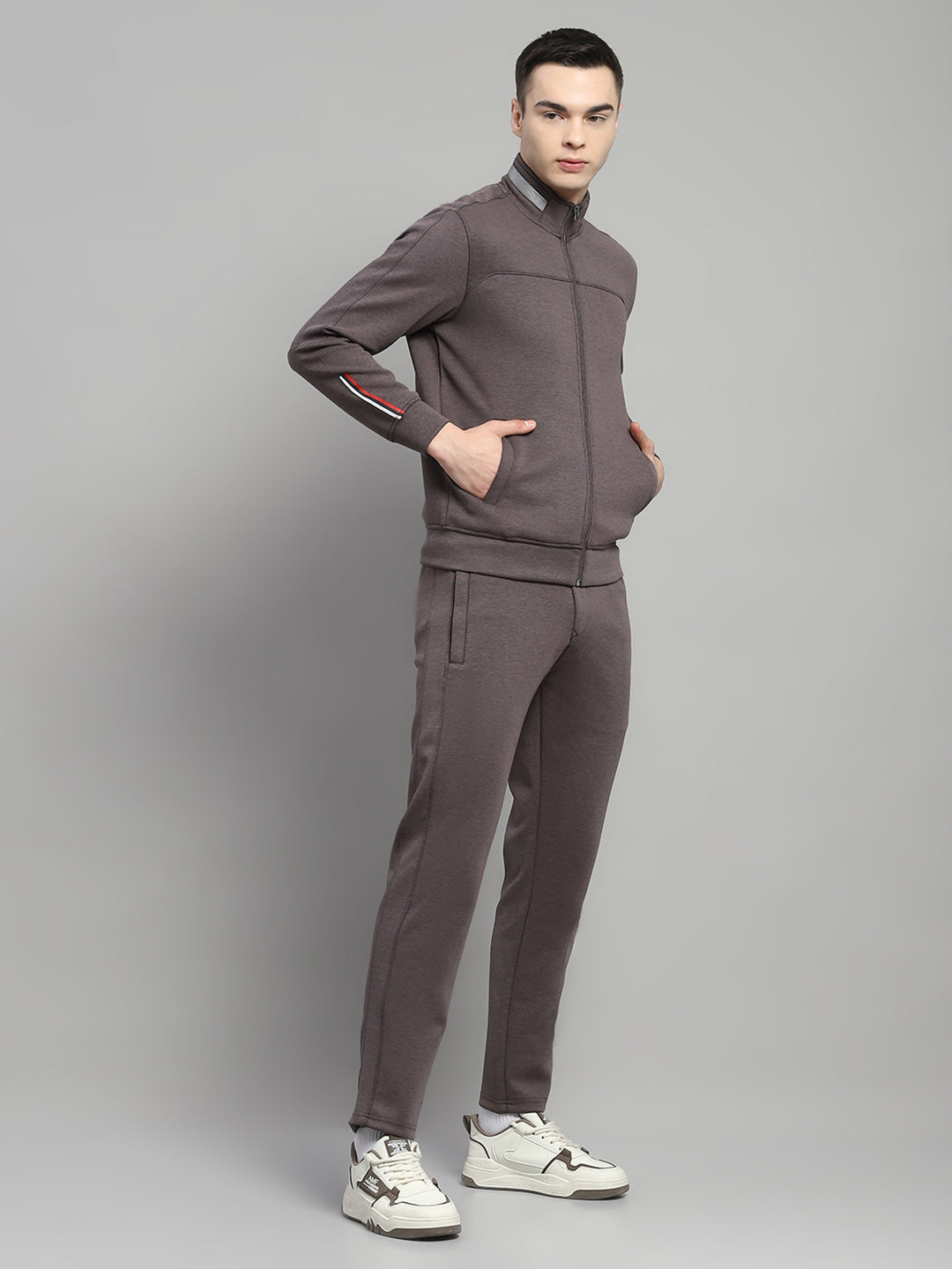 Men Charcoal Solid Mock Neck Full Sleeve Winter Tracksuit