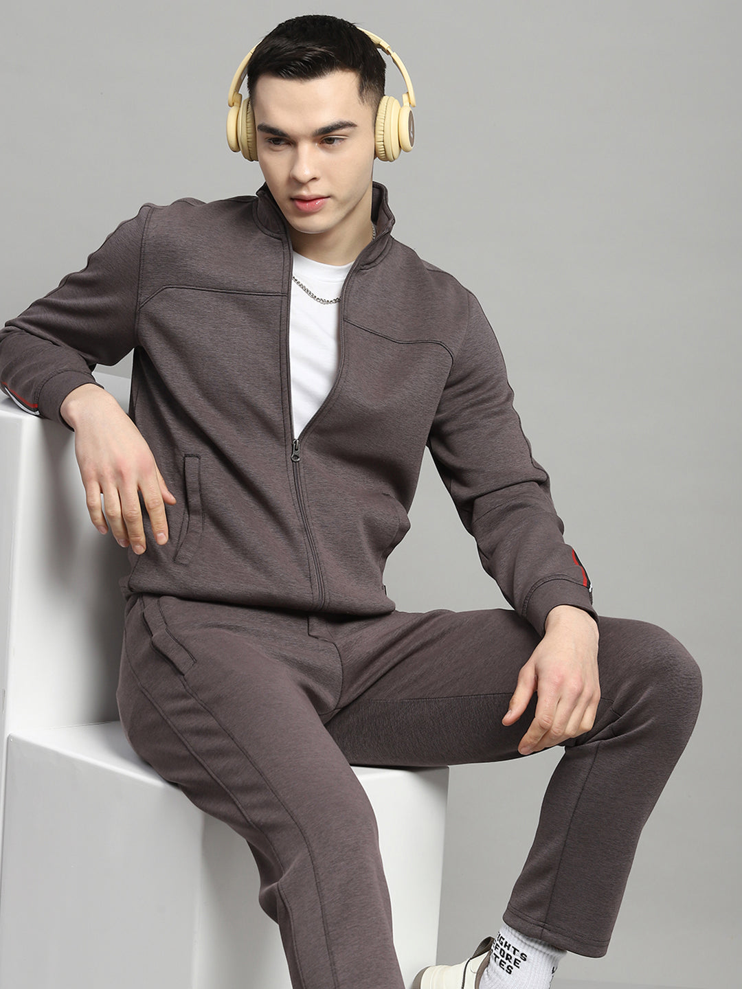 Men Charcoal Solid Mock Neck Full Sleeve Winter Tracksuit