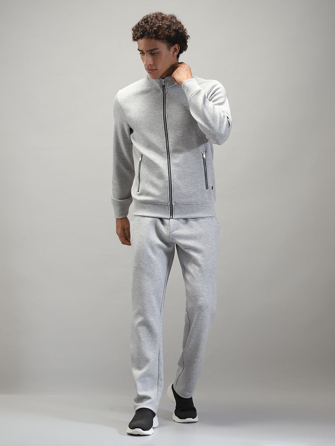 Men Grey Solid Mock Neck Full Sleeve Winter Tracksuit