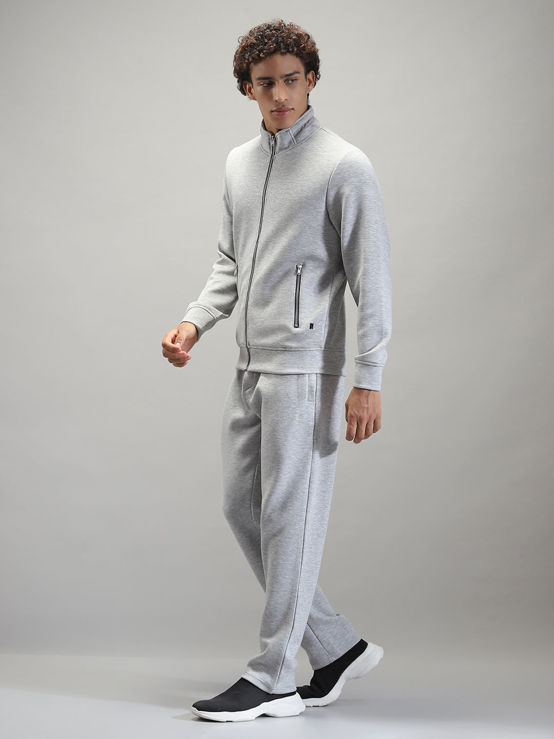 Men Grey Solid Mock Neck Full Sleeve Winter Tracksuit