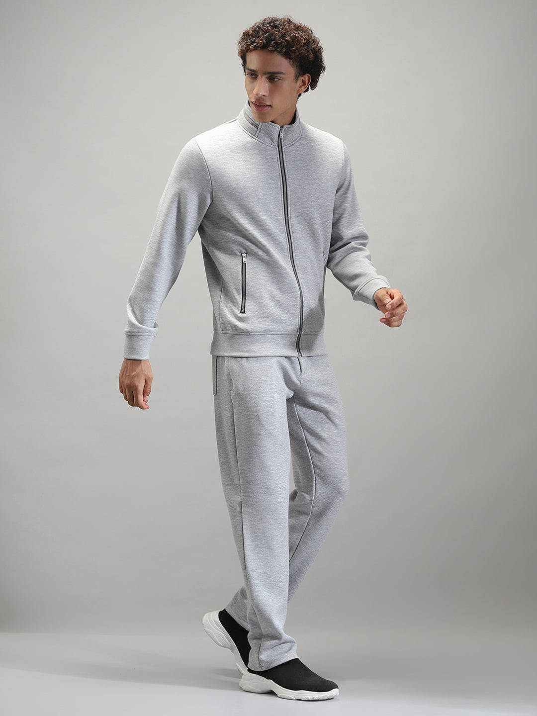Men Grey Solid Mock Neck Full Sleeve Winter Tracksuit