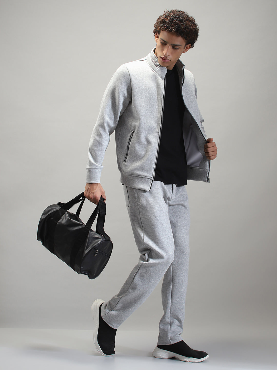 Men Grey Solid Mock Neck Full Sleeve Winter Tracksuit