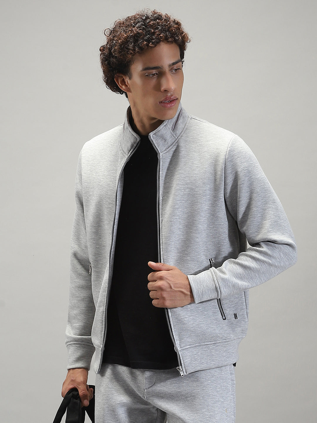 Men Grey Solid Mock Neck Full Sleeve Winter Tracksuit