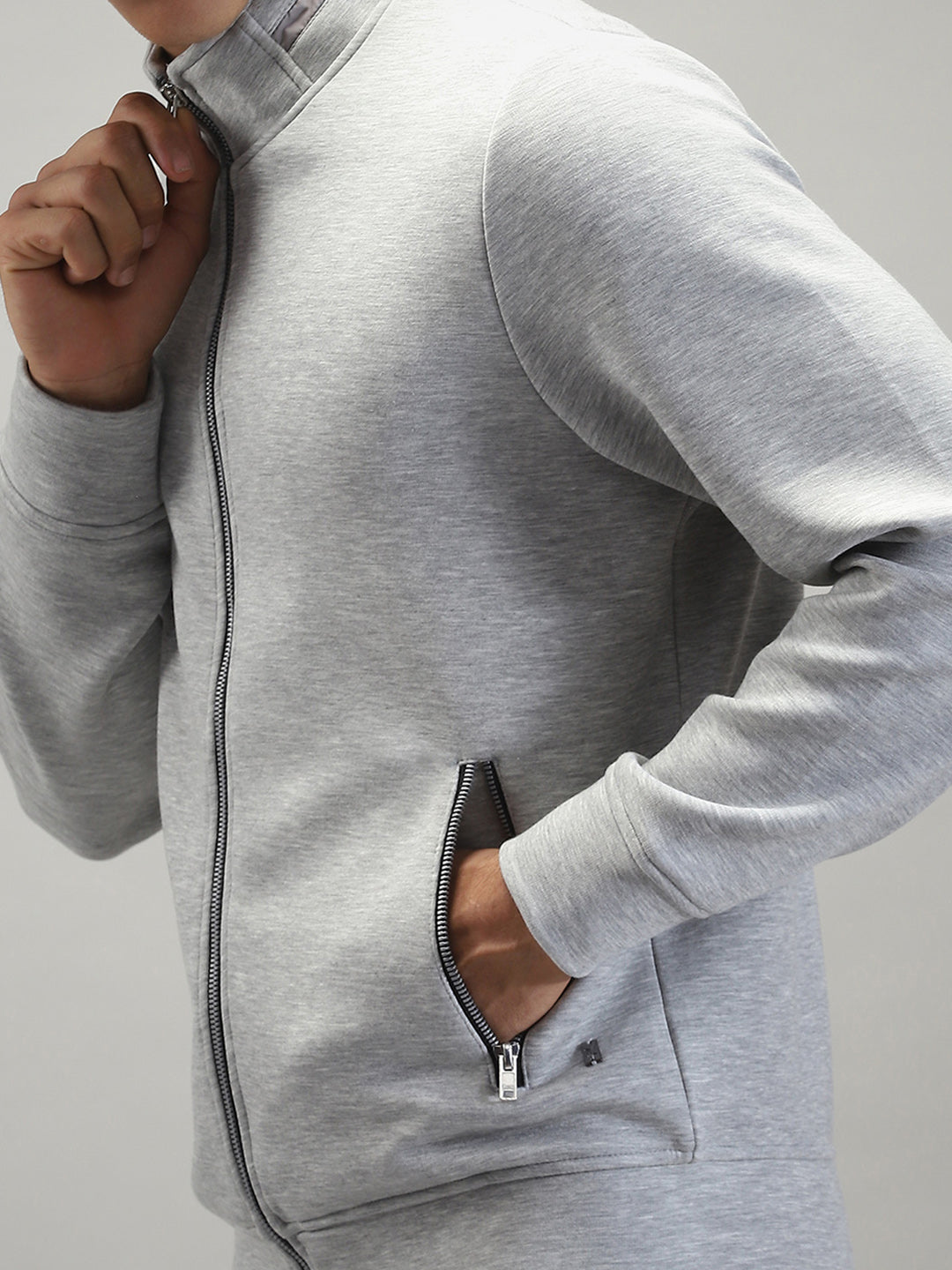 Men Grey Solid Mock Neck Full Sleeve Winter Tracksuit