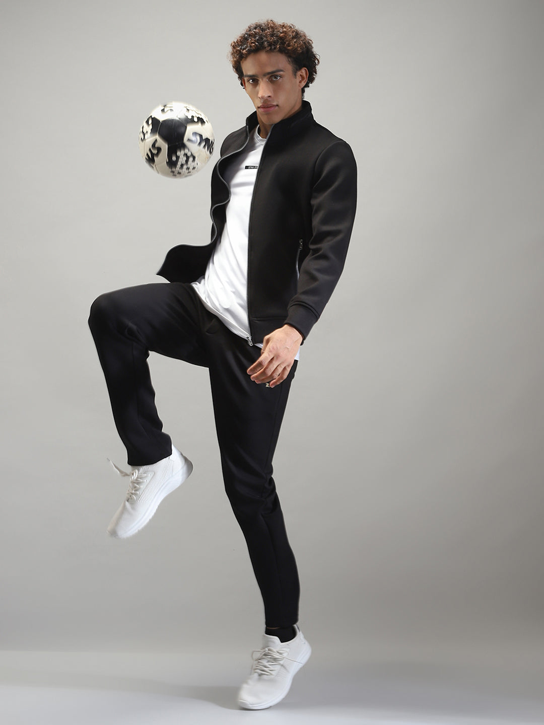 Men Black Solid Mock Neck Full Sleeve Winter Tracksuit