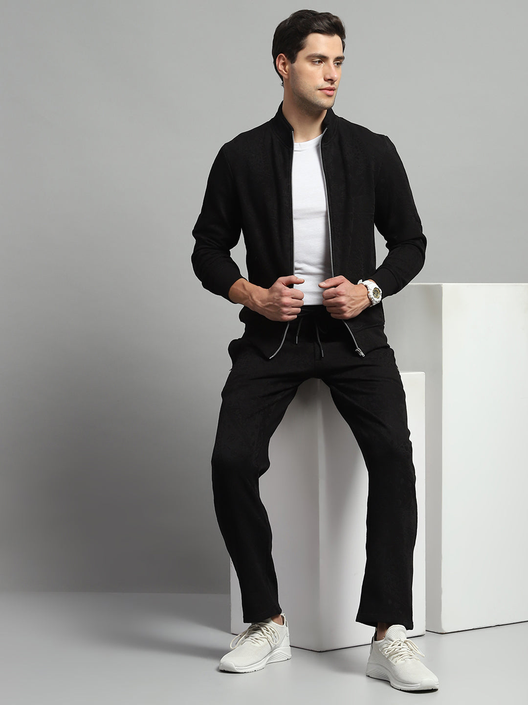 Luxuria Men Black Self Design Mock Neck Full Sleeve Winter Tracksuit