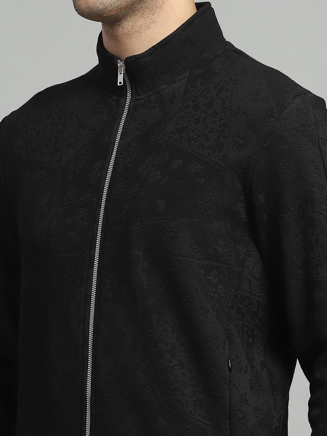 Luxuria Men Black Self Design Mock Neck Full Sleeve Winter Tracksuit