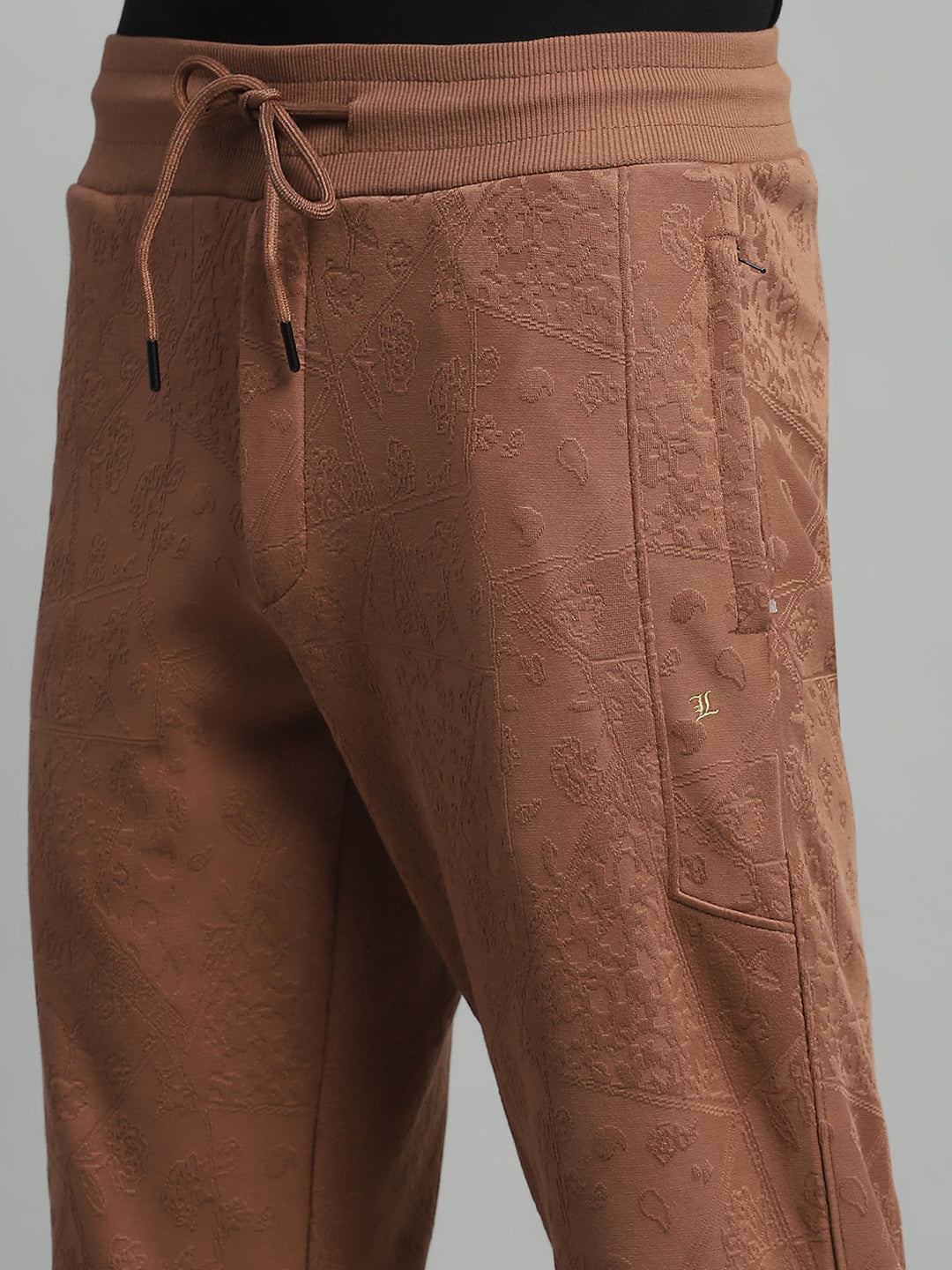 Luxuria Men Brown Self Design Mock Neck Full Sleeve Winter Tracksuit