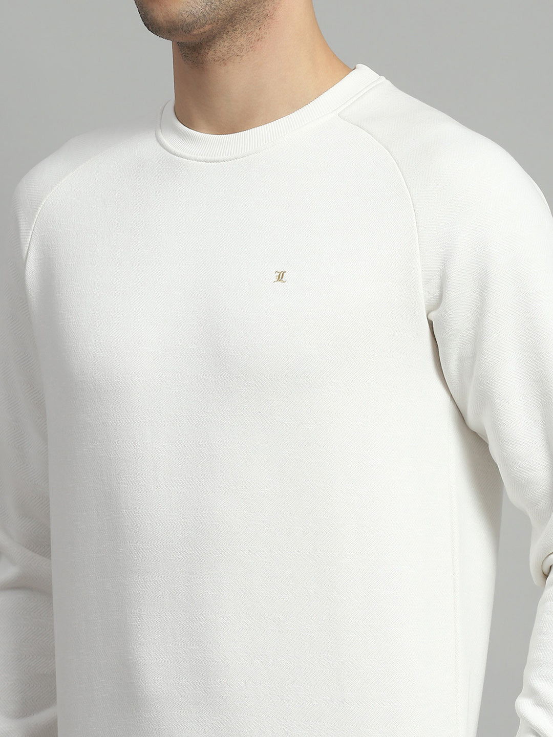Men White Solid Round Neck Full Sleeve Sweatshirt