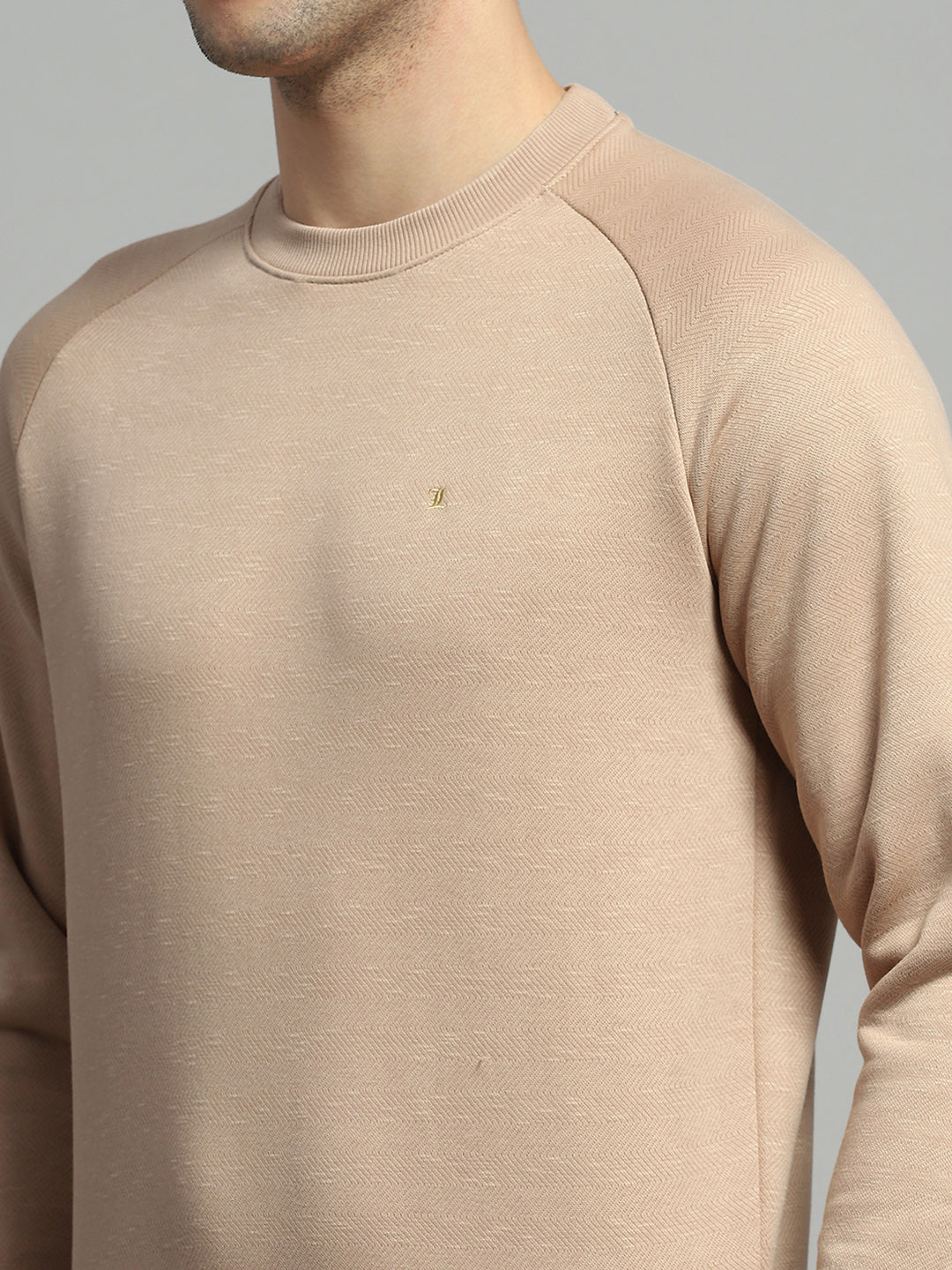 Men Camel Brown Solid Round Neck Full Sleeve Sweatshirt