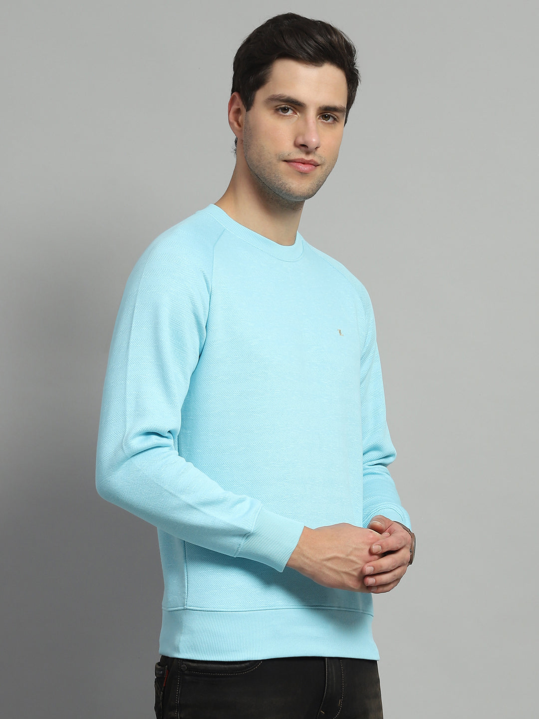 Men Turquoise Blue Solid Round Neck Full Sleeve Sweatshirt