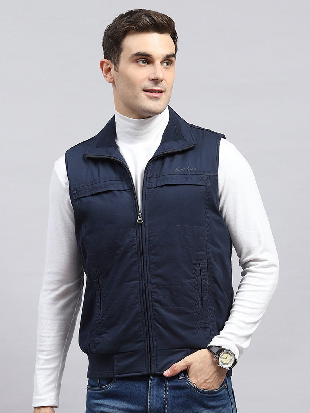 Men Navy Blue Solid Collar Sleeveless Jacket