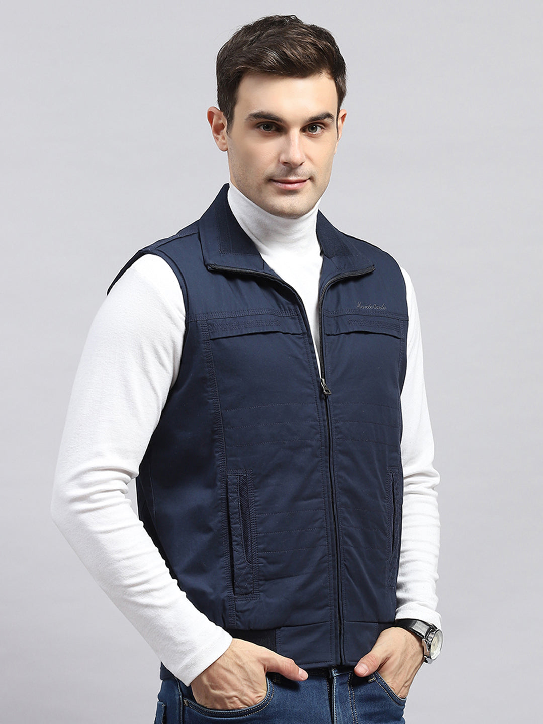 Men Navy Blue Solid Collar Sleeveless Jacket
