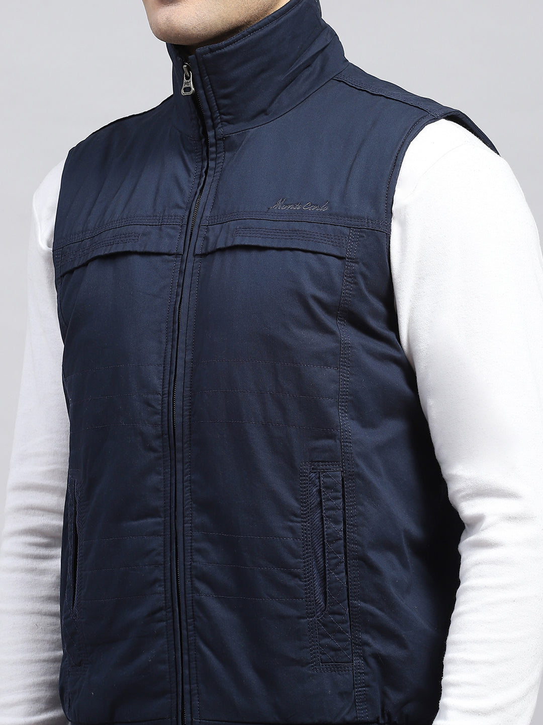 Men Navy Blue Solid Collar Sleeveless Jacket