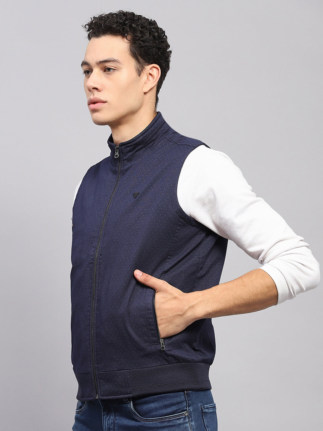 Men Navy Blue Solid Mock Neck Sleeveless Jacket
