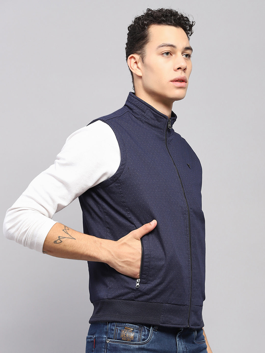 Men Navy Blue Solid Mock Neck Sleeveless Jacket