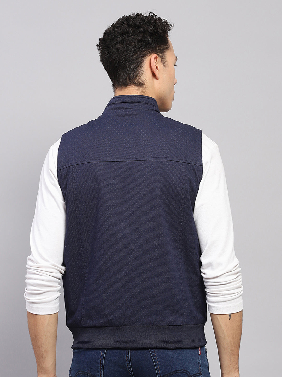 Men Navy Blue Solid Mock Neck Sleeveless Jacket