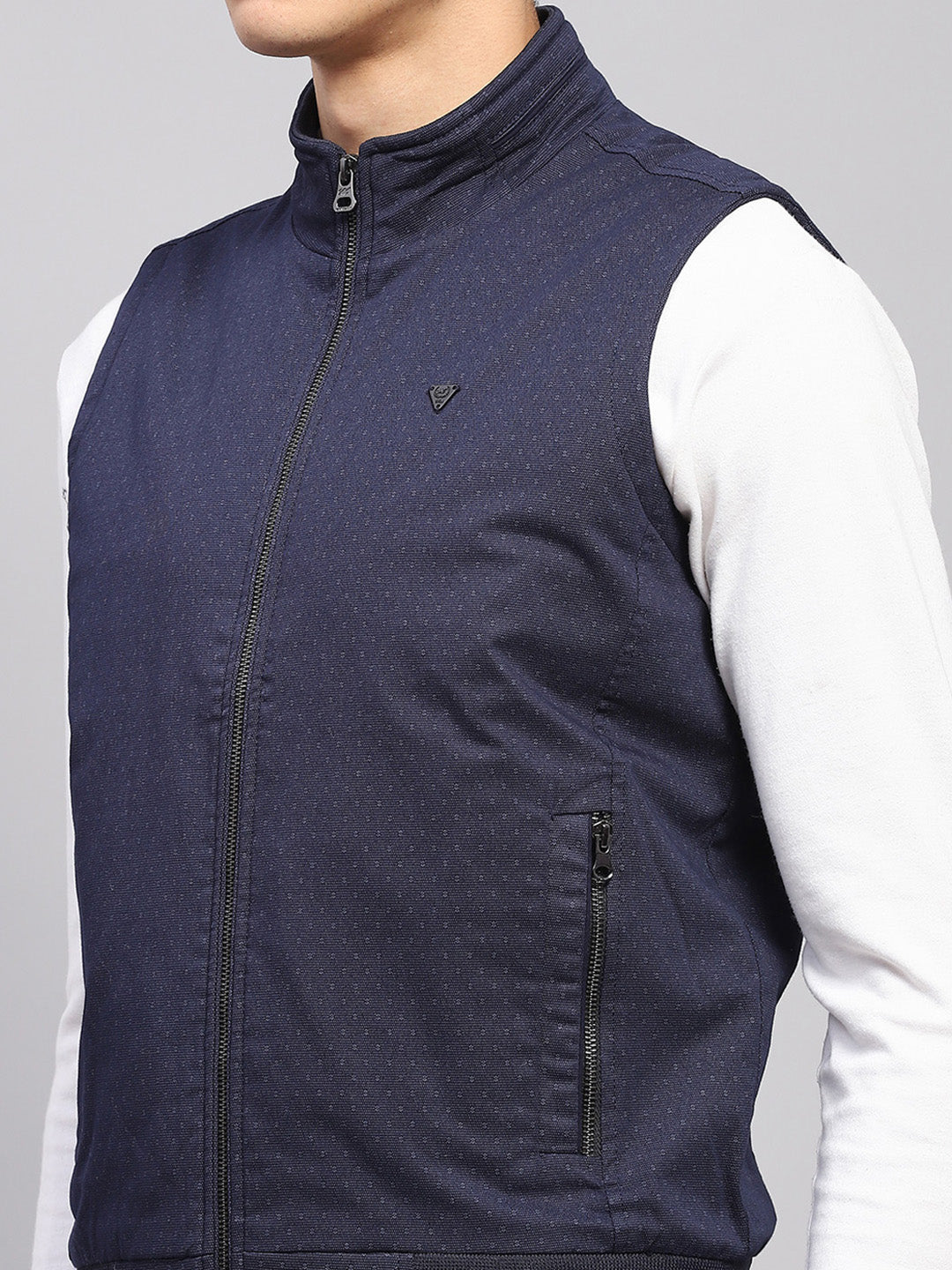 Men Navy Blue Solid Mock Neck Sleeveless Jacket