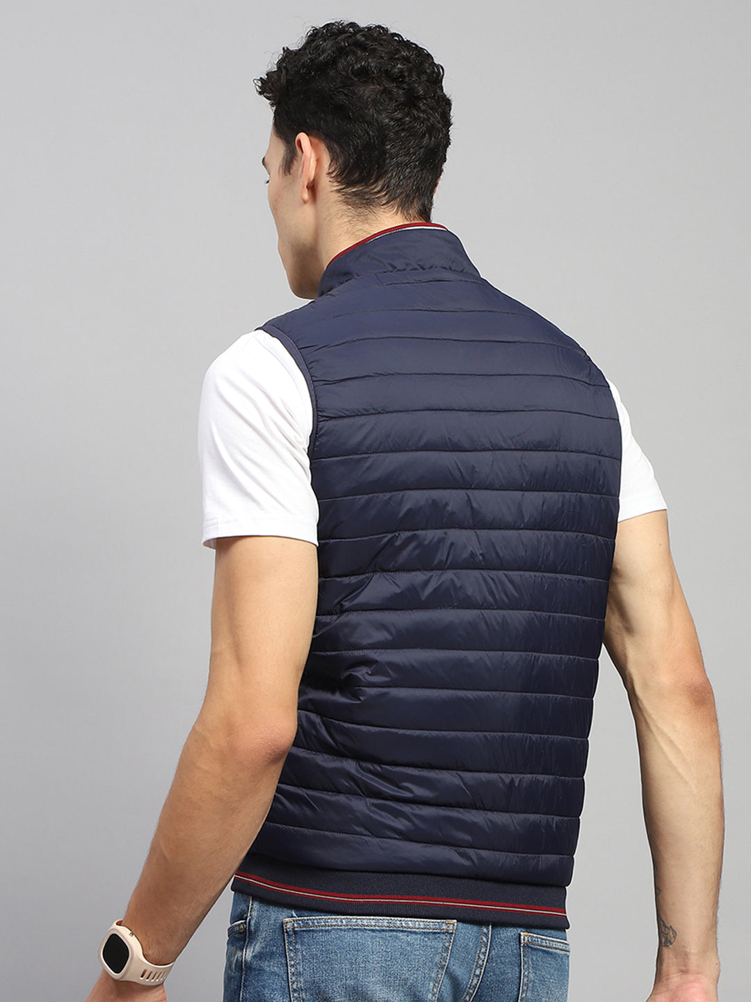 Men Navy Blue Solid Mock Neck Sleeveless Jacket
