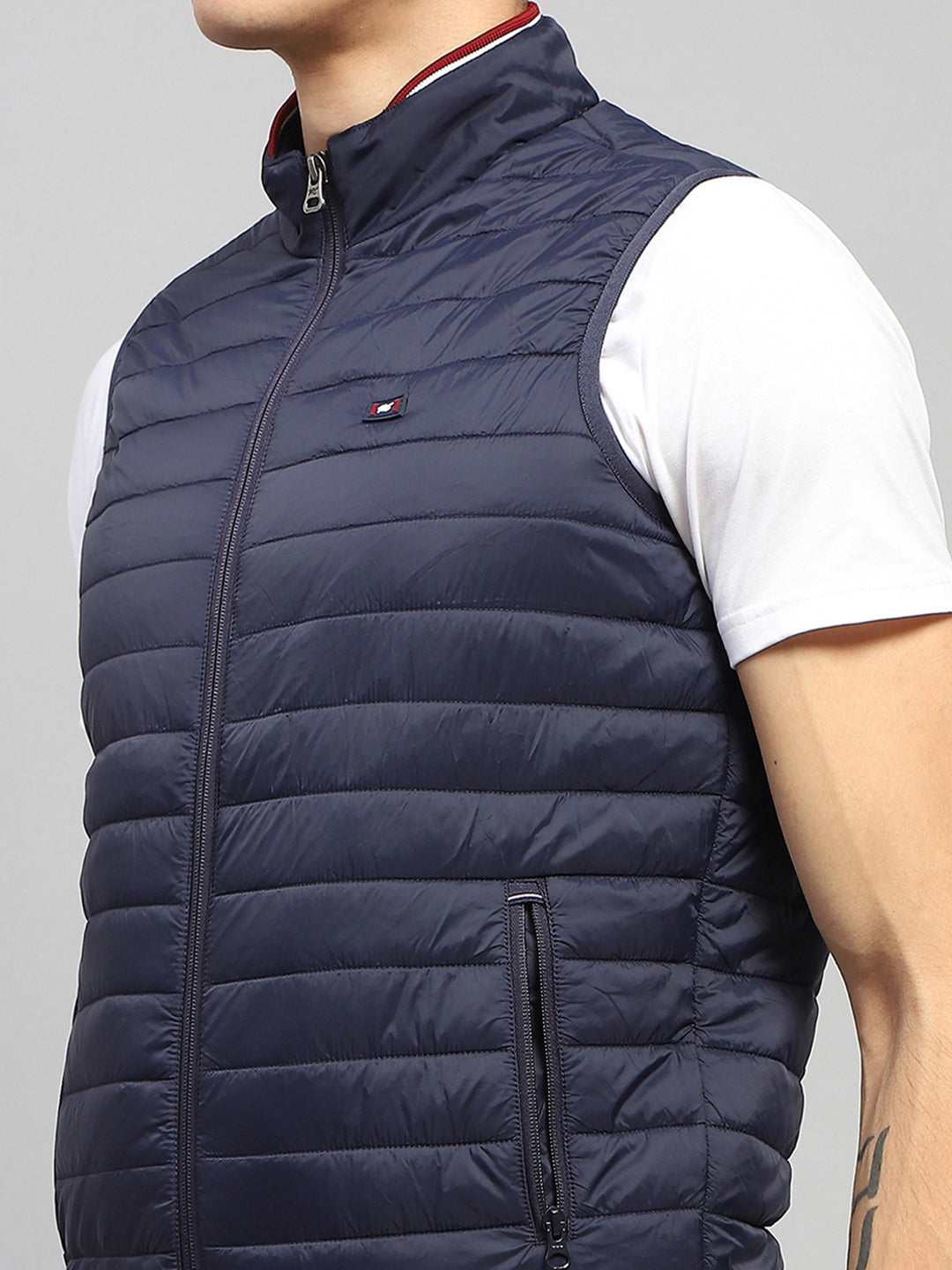 Men Navy Blue Solid Mock Neck Sleeveless Jacket