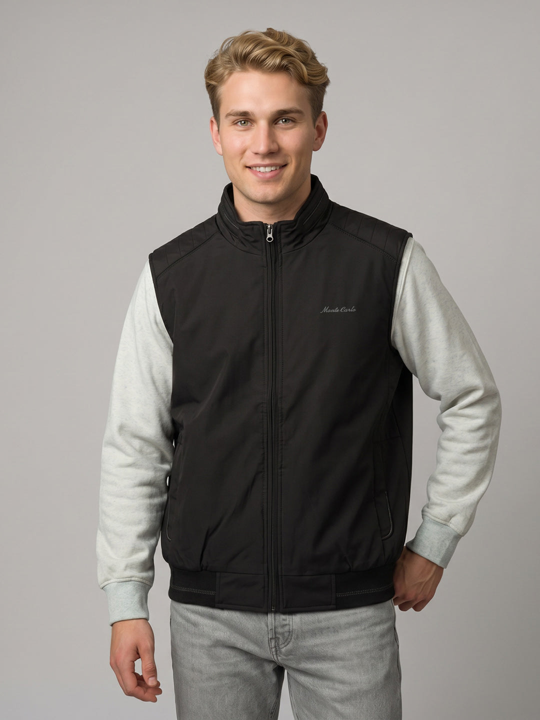 Men Black Solid Turtle Neck Sleeveless Bomber Jacket