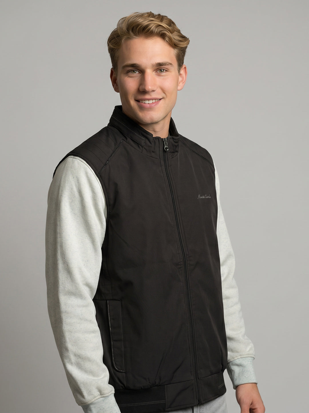Men Black Solid Turtle Neck Sleeveless Bomber Jacket