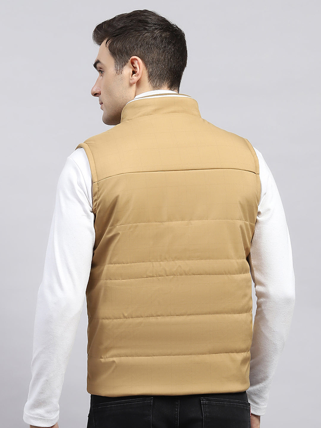 Men Khaki Solid Mock Neck Sleeveless Jacket