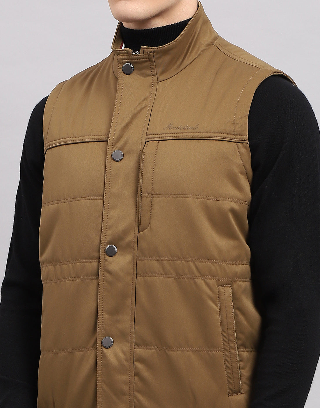 Men Khaki Solid Mock Neck Sleeveless Jacket