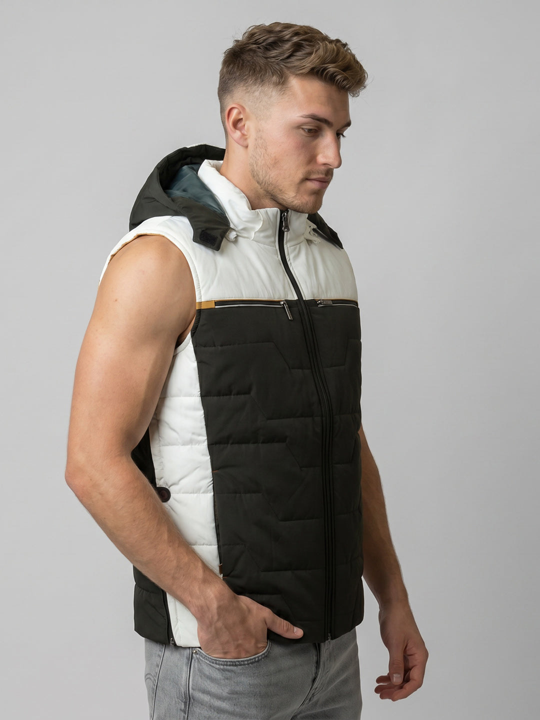 Men Olive Solid Detachable Hood Sleeveless Jacket