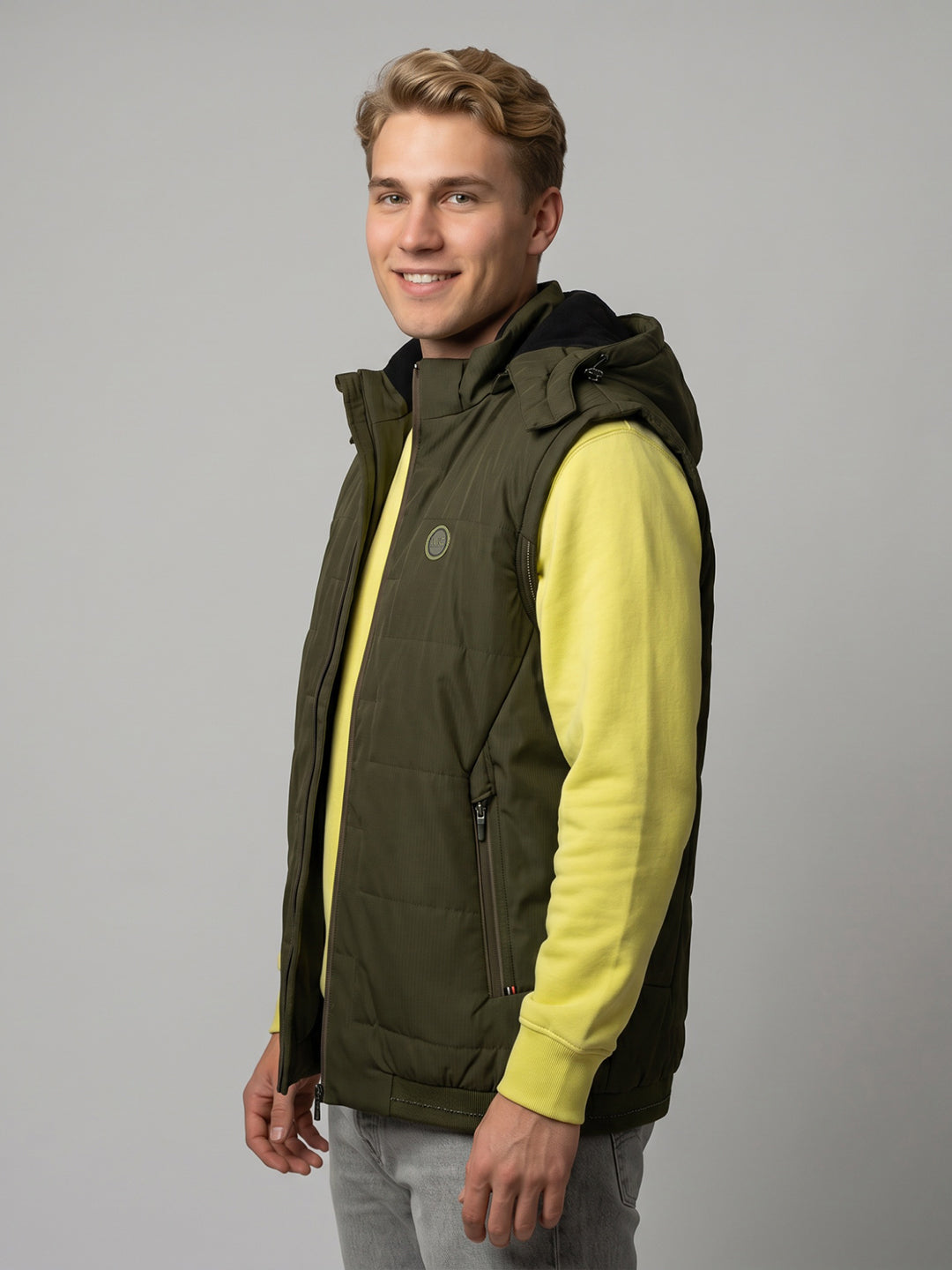 Men Olive Solid Sleeveless Padded Jacket with Detachable Hood