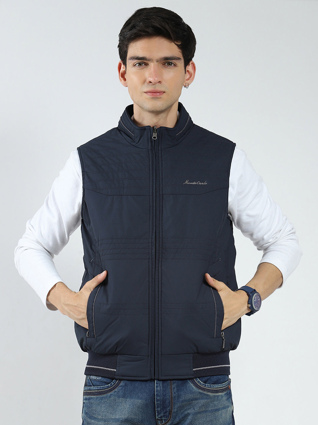 Men Navy Blue Solid Mock Neck Sleeveless Reversible Jacket