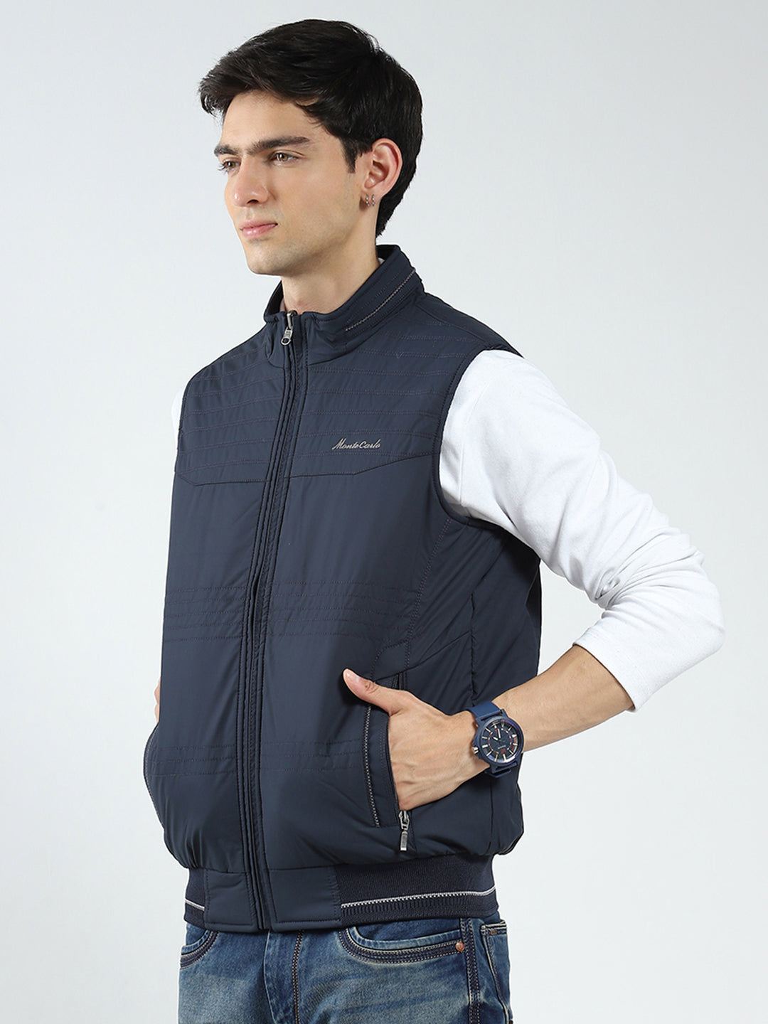 Men Navy Blue Solid Mock Neck Sleeveless Reversible Jacket