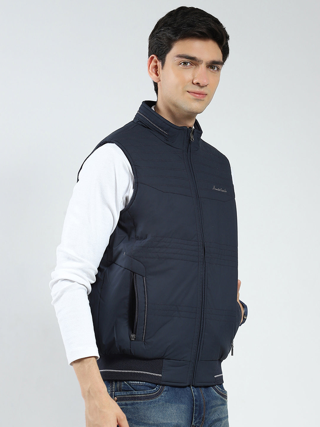 Men Navy Blue Solid Mock Neck Sleeveless Reversible Jacket