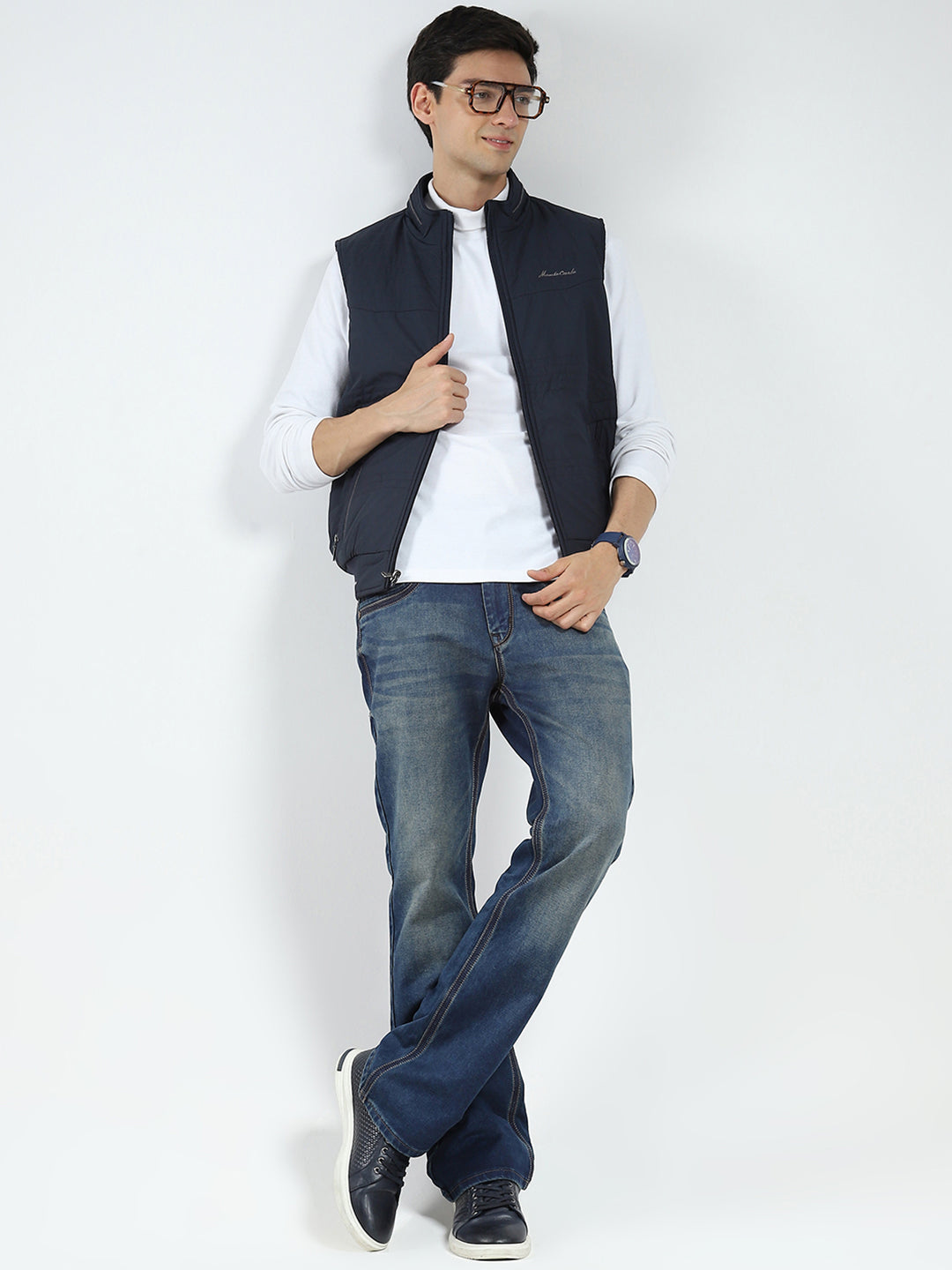 Men Navy Blue Solid Mock Neck Sleeveless Reversible Jacket