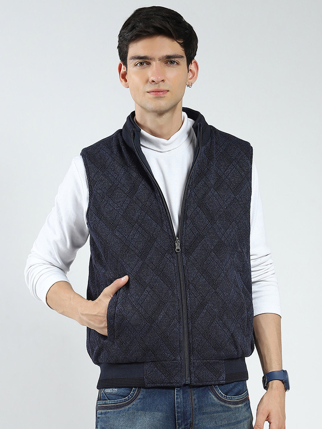Men Navy Blue Solid Mock Neck Sleeveless Reversible Jacket