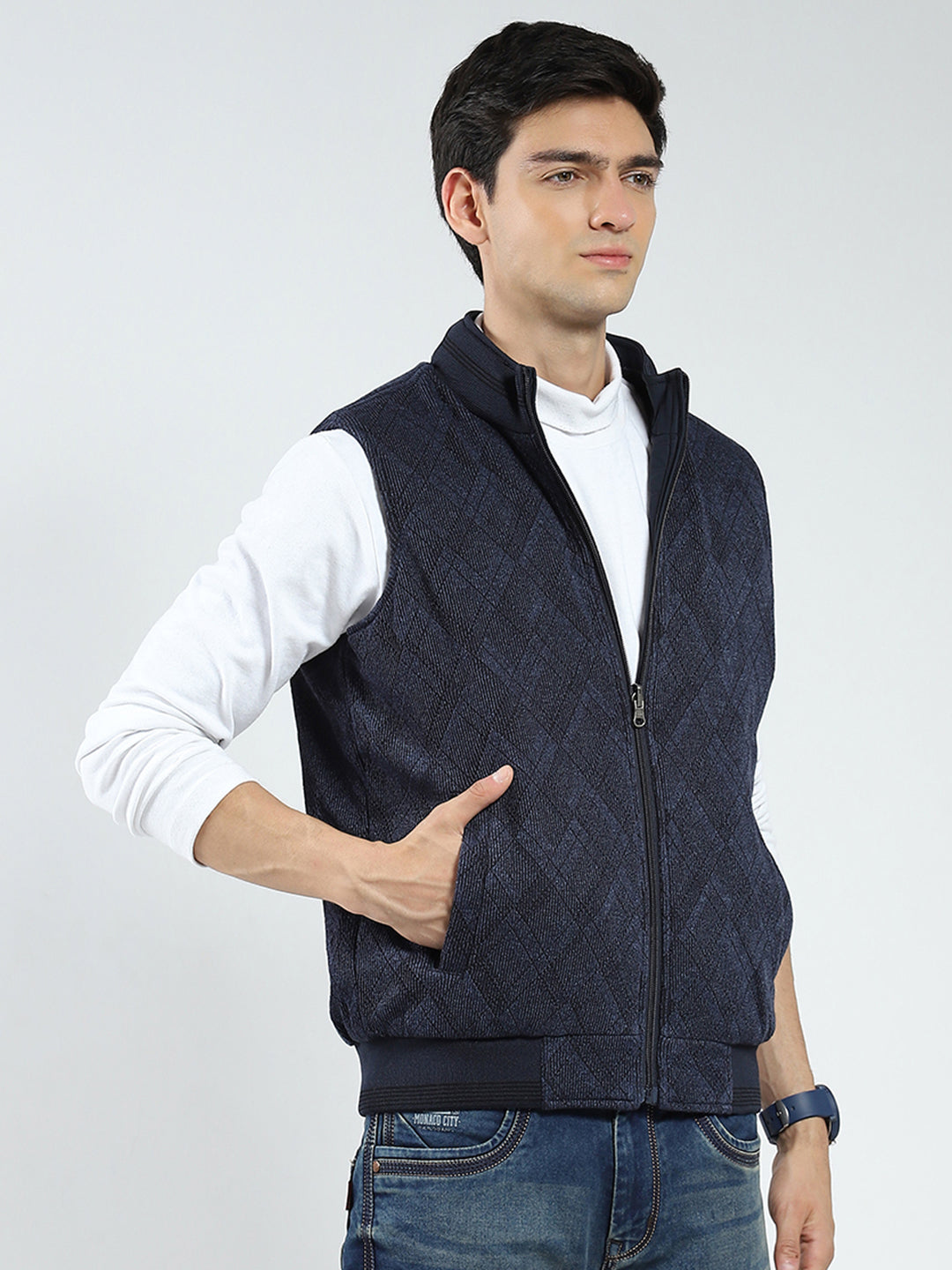 Men Navy Blue Solid Mock Neck Sleeveless Reversible Jacket