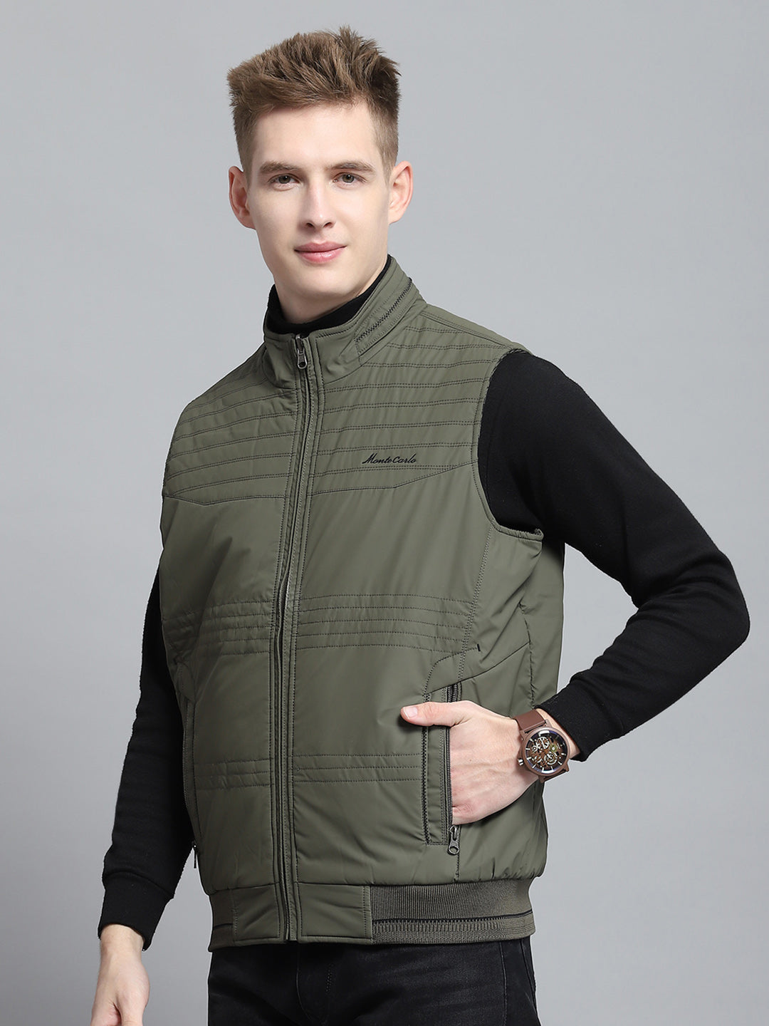 Men Olive Self Design Mock Neck Sleeveless Reversible Jacket