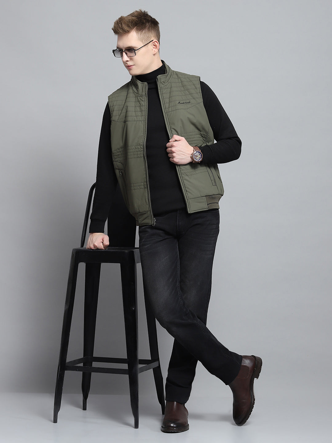 Men Olive Self Design Mock Neck Sleeveless Reversible Jacket