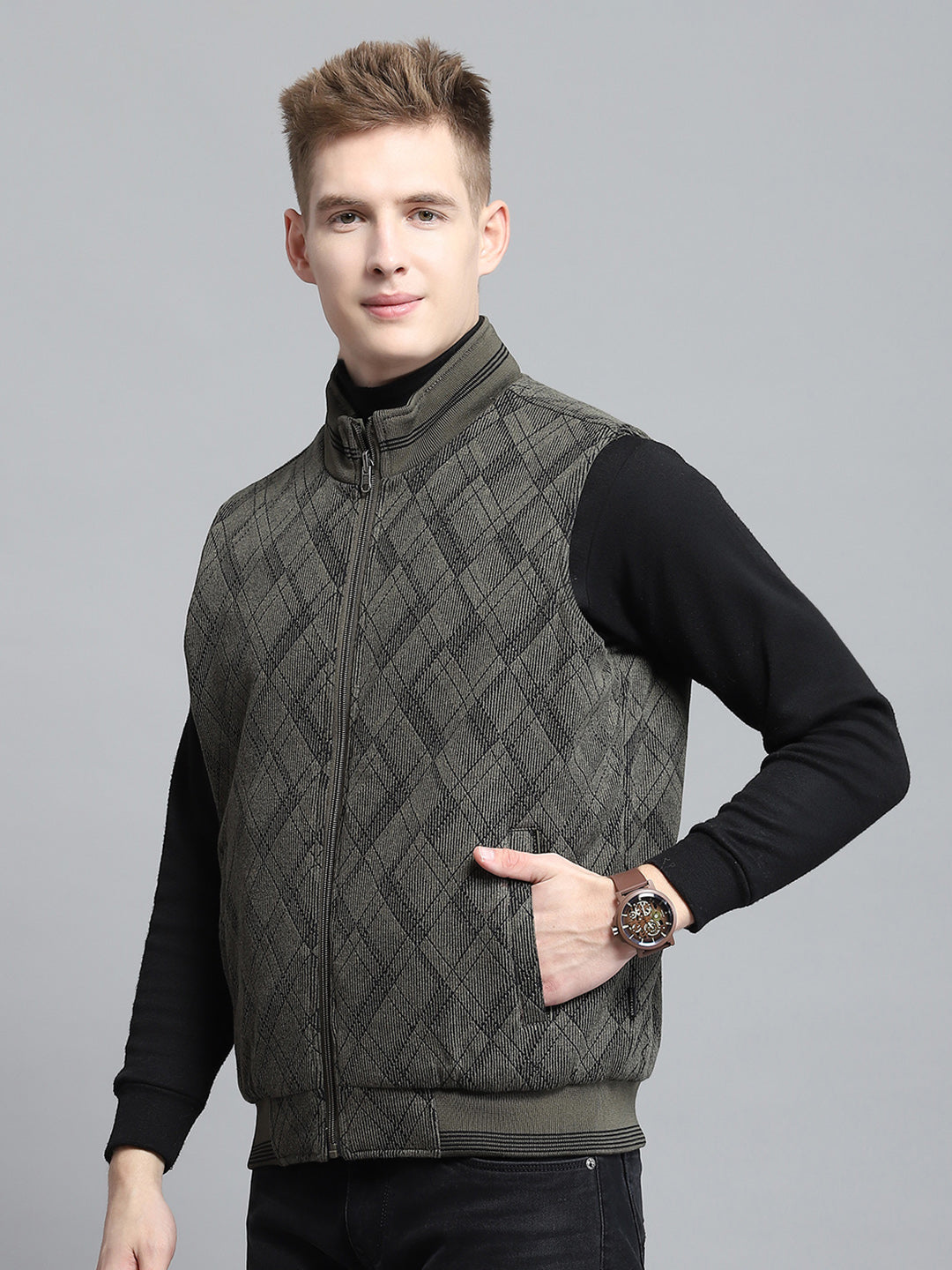 Men Olive Self Design Mock Neck Sleeveless Reversible Jacket