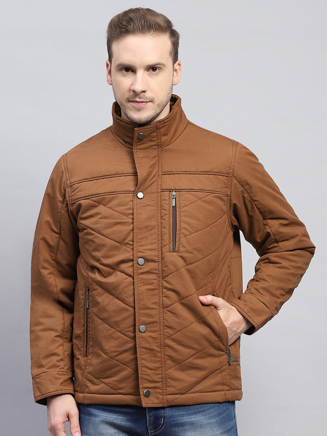 Men Brown Solid Mock Neck Full Sleeve Jacket