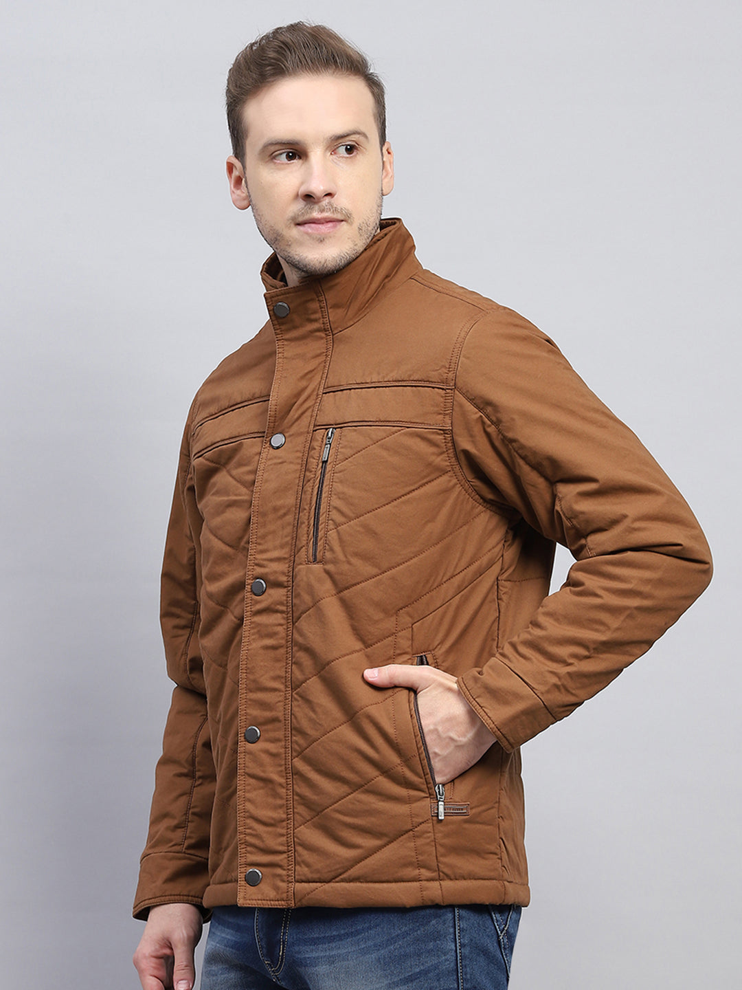 Men Brown Solid Mock Neck Full Sleeve Jacket