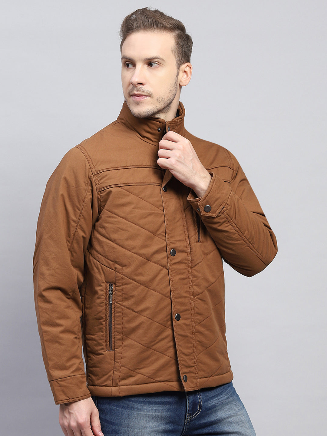 Men Brown Solid Mock Neck Full Sleeve Jacket